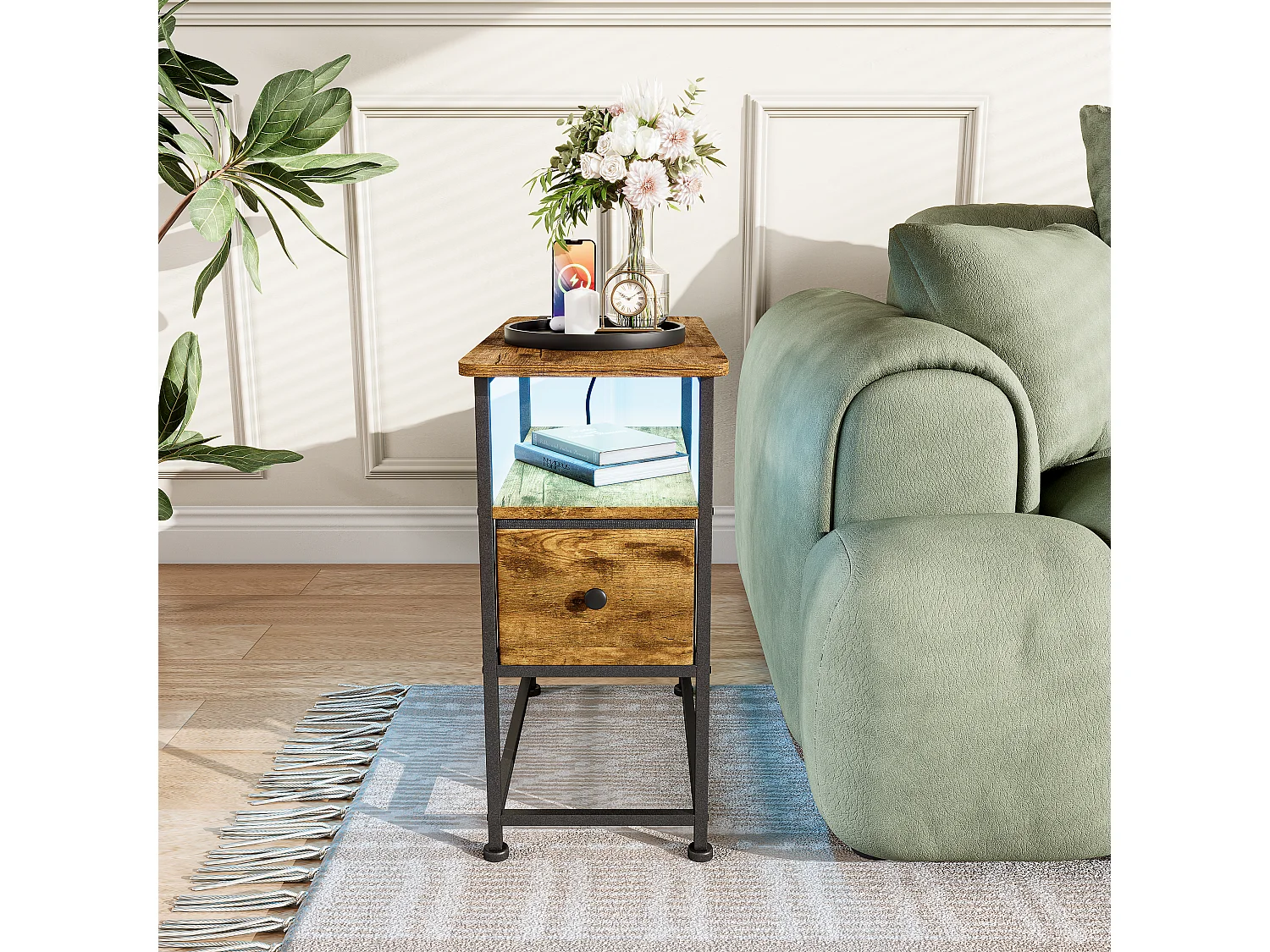 Table d’appoint LED couleur peau de tigre avec tiroir unique et prise EU – Design moderne, fonctionnel et haute qualité