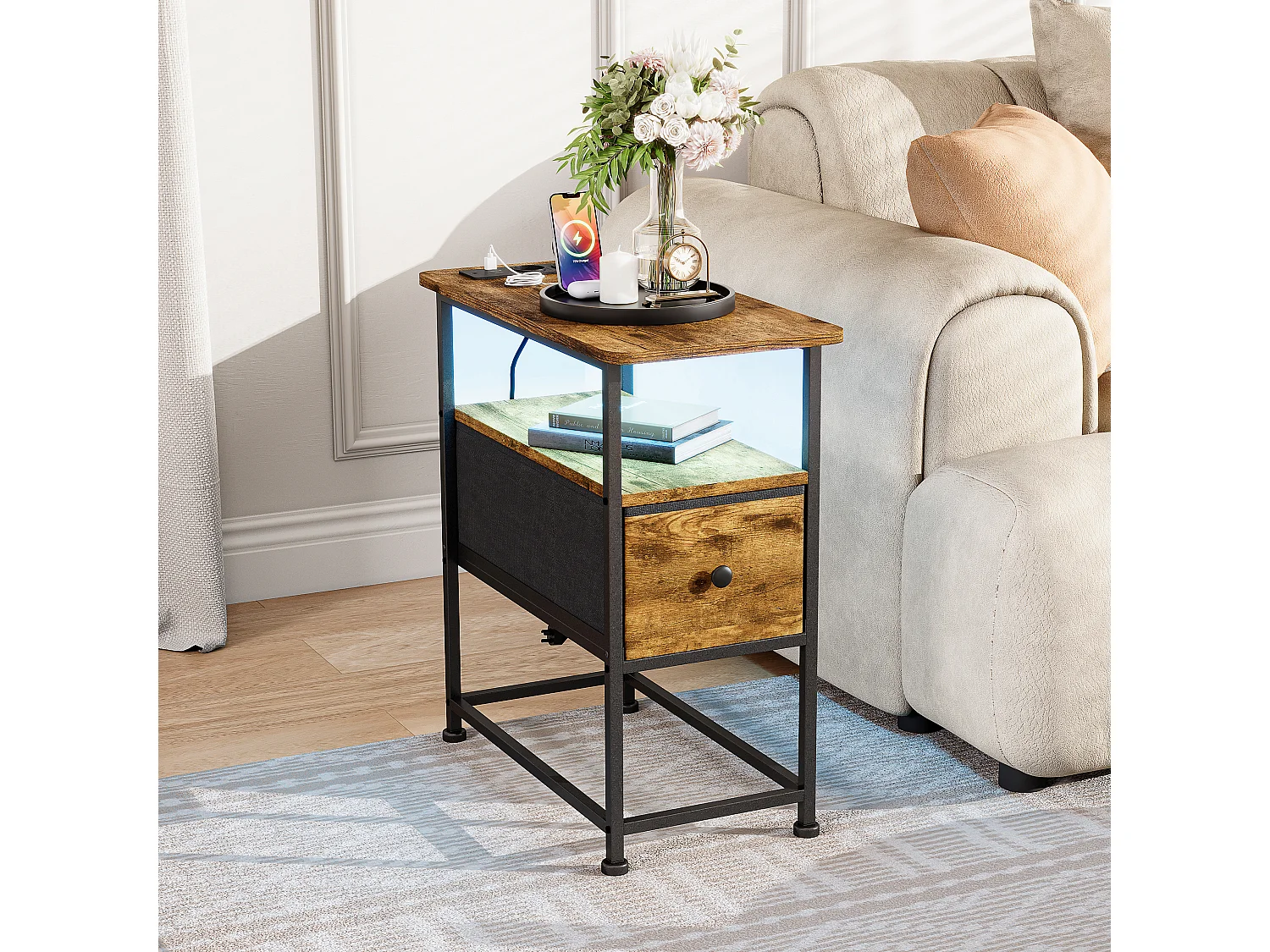 Table d’appoint LED couleur peau de tigre avec tiroir unique et prise EU – Design moderne, fonctionnel et haute qualité