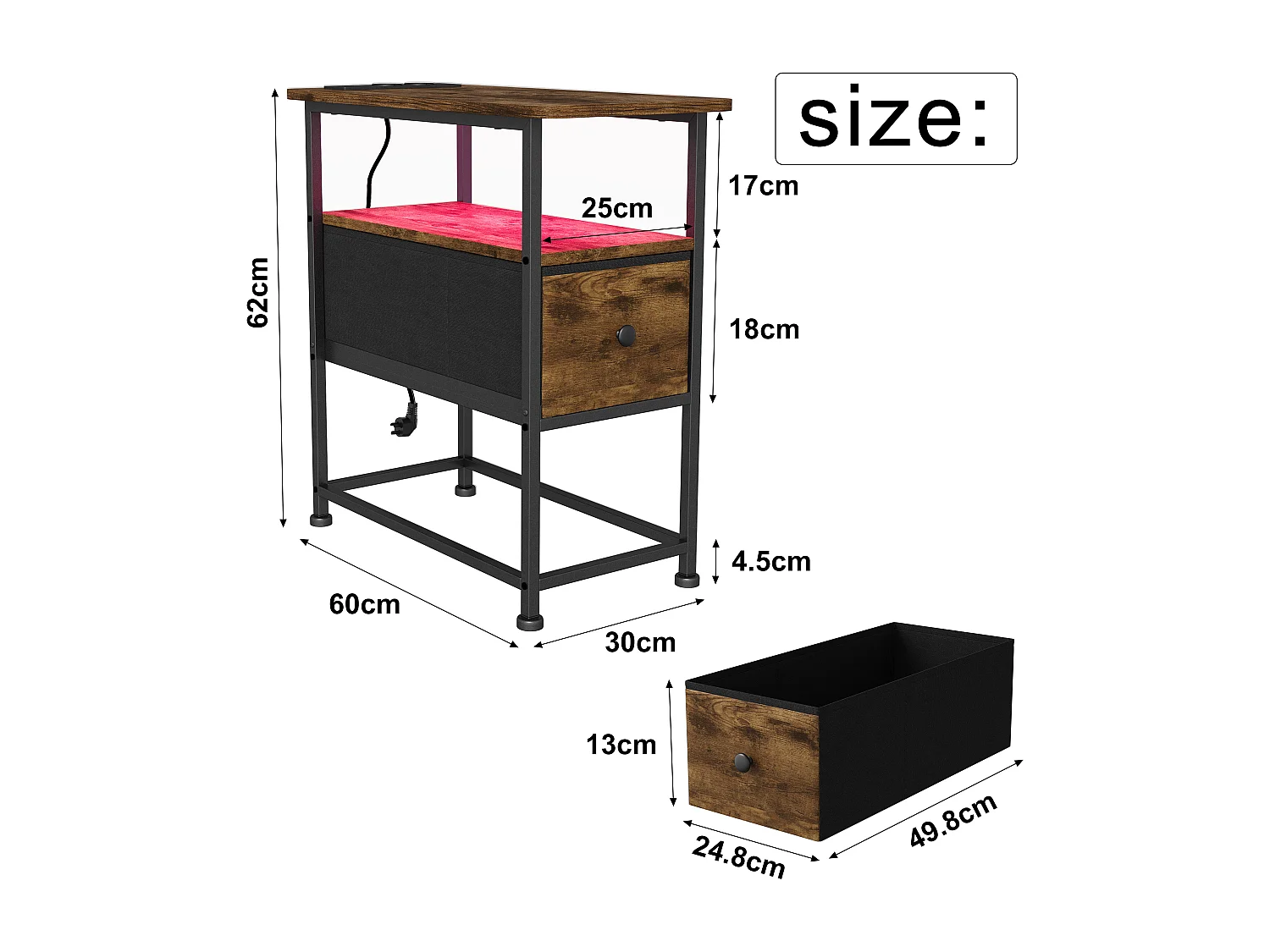 Table d’appoint LED couleur peau de tigre avec tiroir unique et prise EU – Design moderne, fonctionnel et haute qualité