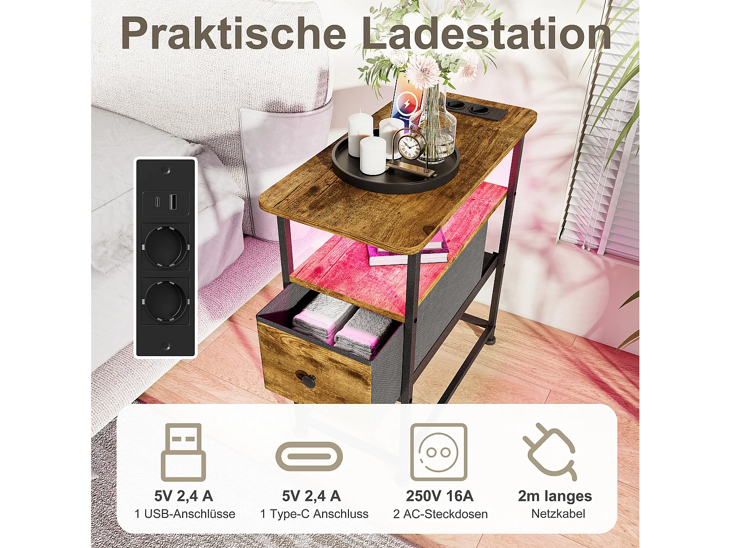 Table d’appoint LED couleur peau de tigre avec tiroir unique et prise EU – Design moderne, fonctionnel et haute qualité