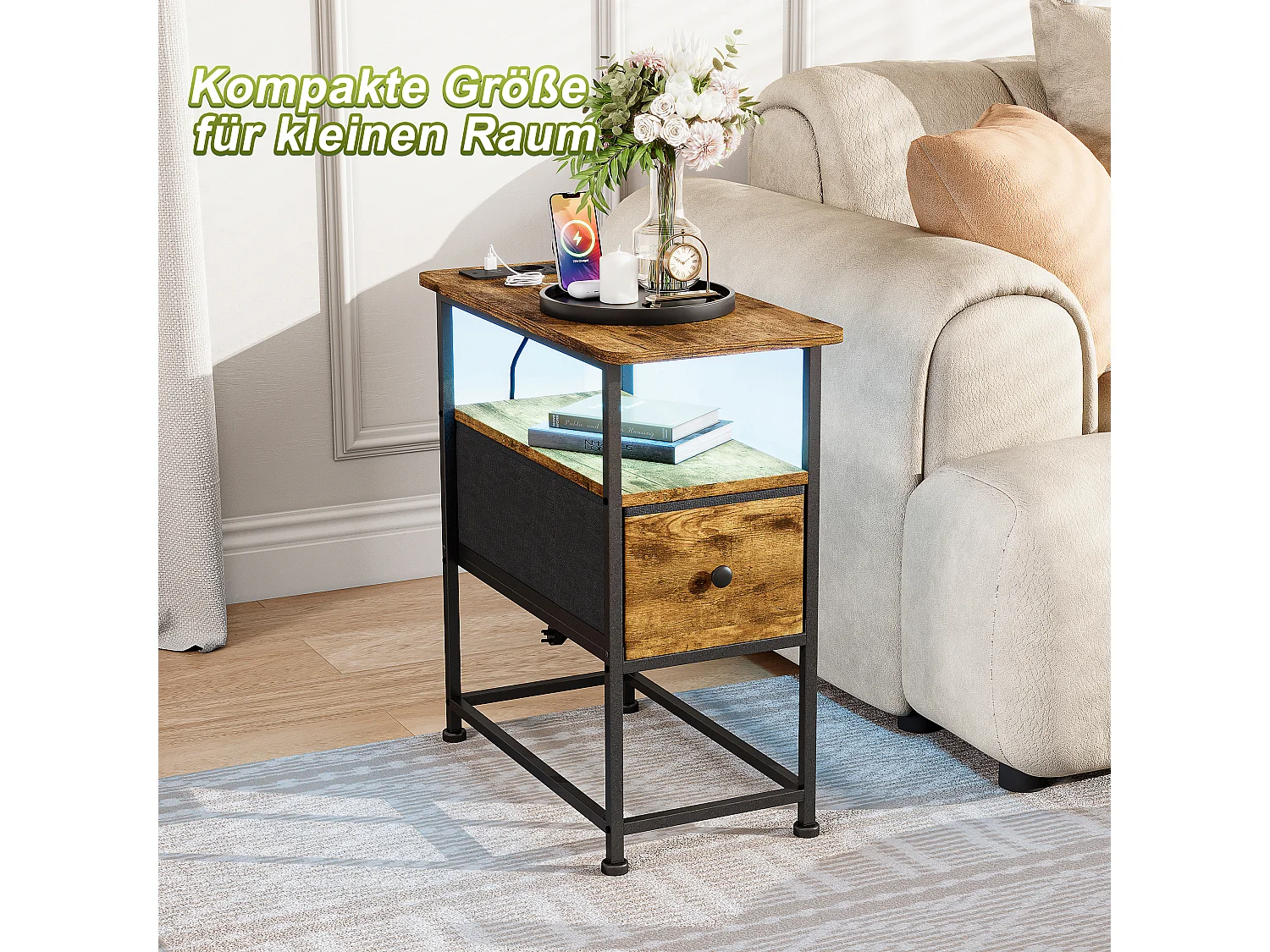 Table d’appoint LED couleur peau de tigre avec tiroir unique et prise EU – Design moderne, fonctionnel et haute qualité