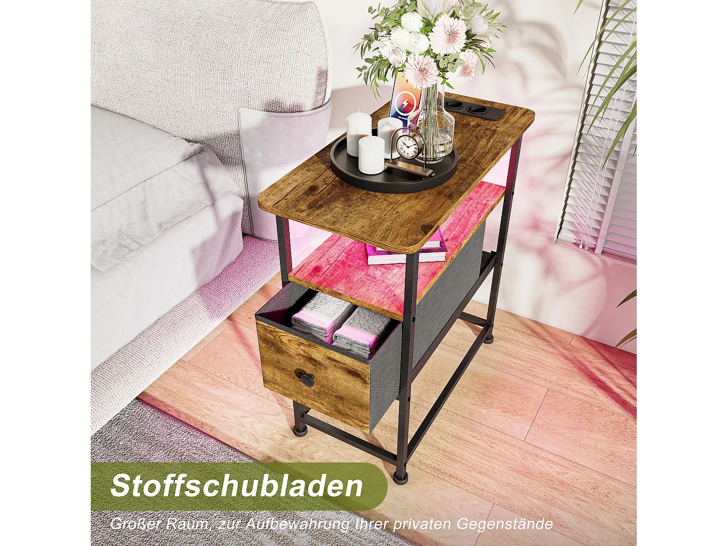 Table d’appoint LED couleur peau de tigre avec tiroir unique et prise EU – Design moderne, fonctionnel et haute qualité