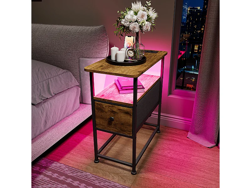 Table d’appoint LED couleur peau de tigre avec tiroir unique et prise EU – Design moderne, fonctionnel et haute qualité