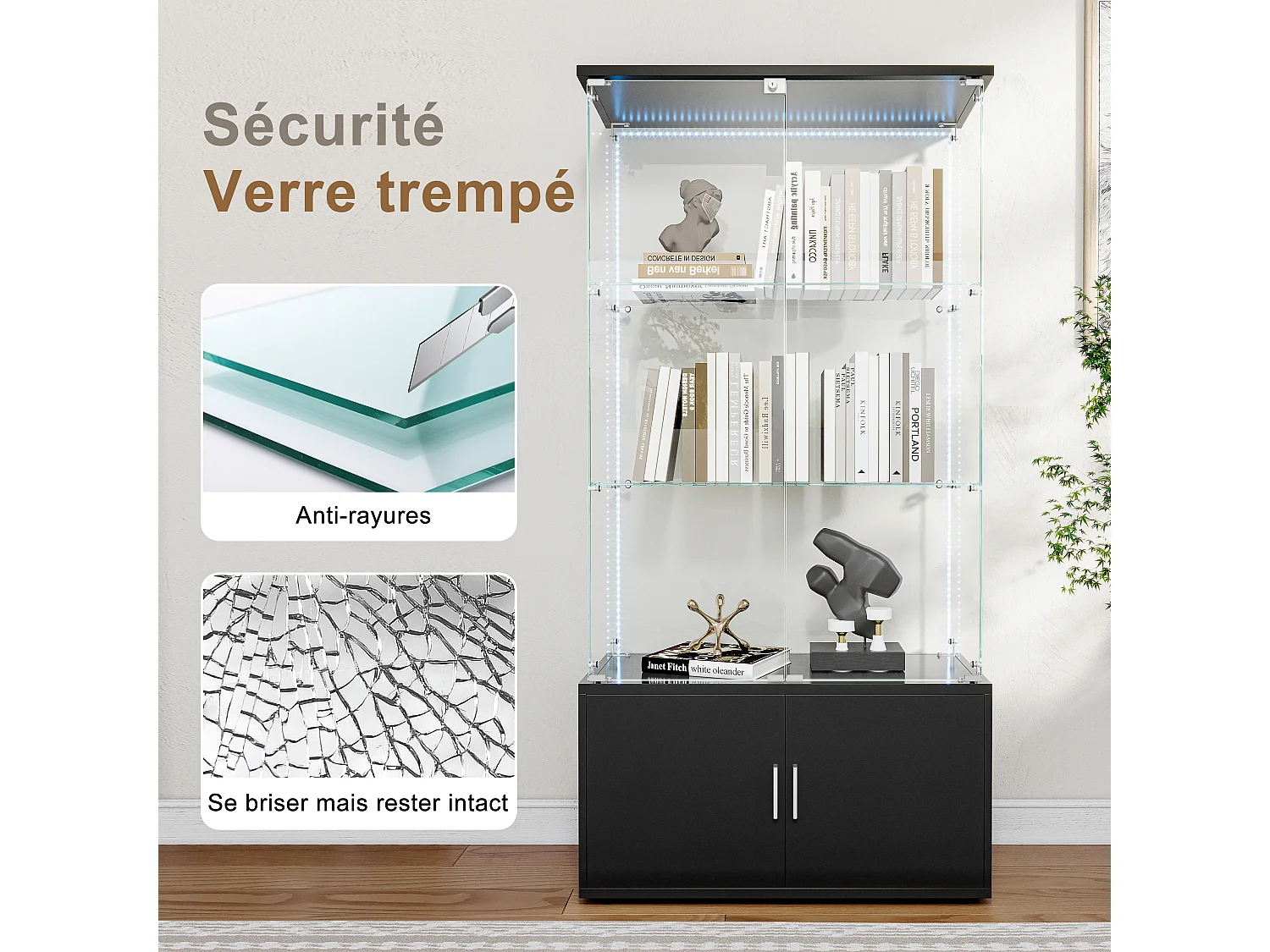 Vetrina a 3 ripiani con spazio di archiviazione e illuminazione a LED, design moderno nero – Vetrina per soggiorno, camera da letto o ufficio