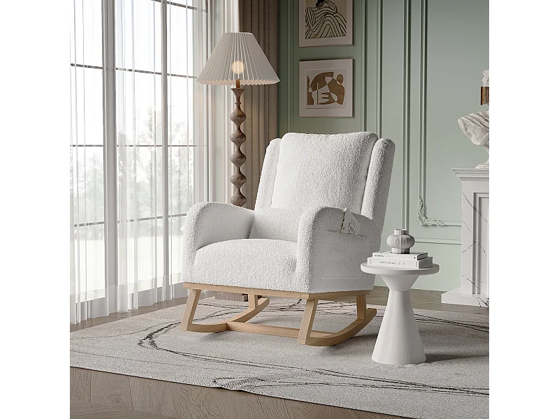 Fauteuil à bascule en tissu bouclette blanc avec poches latérales, coussin et barre de stabilité – design cosy moderne