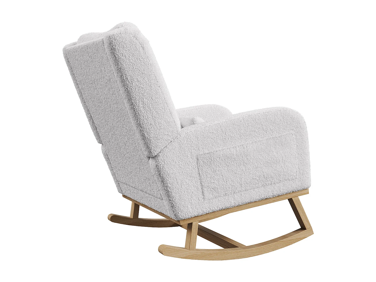 Fauteuil à bascule en tissu bouclette blanc avec poches latérales, coussin et barre de stabilité – design cosy moderne