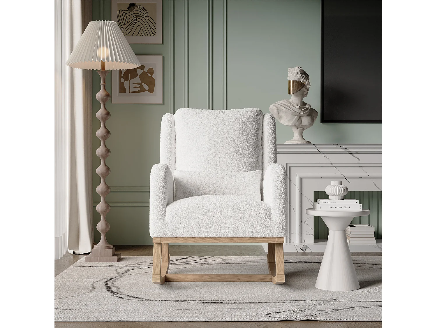 Fauteuil à bascule en tissu bouclette blanc avec poches latérales, coussin et barre de stabilité – design cosy moderne