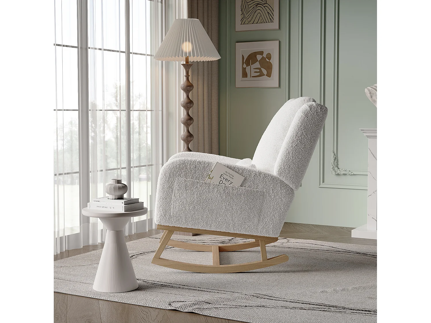 Fauteuil à bascule en tissu bouclette blanc avec poches latérales, coussin et barre de stabilité – design cosy moderne