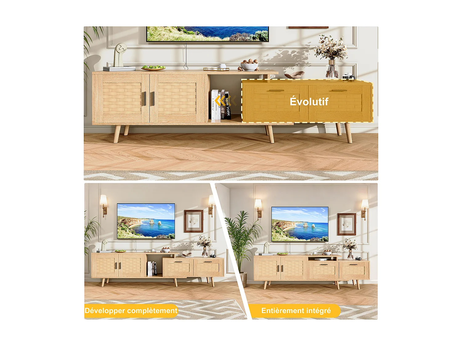 Meuble TV extensible en chêne clair avec portes en rotin tressé, grand espace de rangement et design naturel moderne
