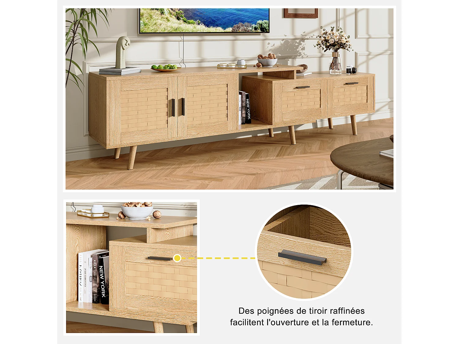 Meuble TV extensible en chêne clair avec portes en rotin tressé, grand espace de rangement et design naturel moderne