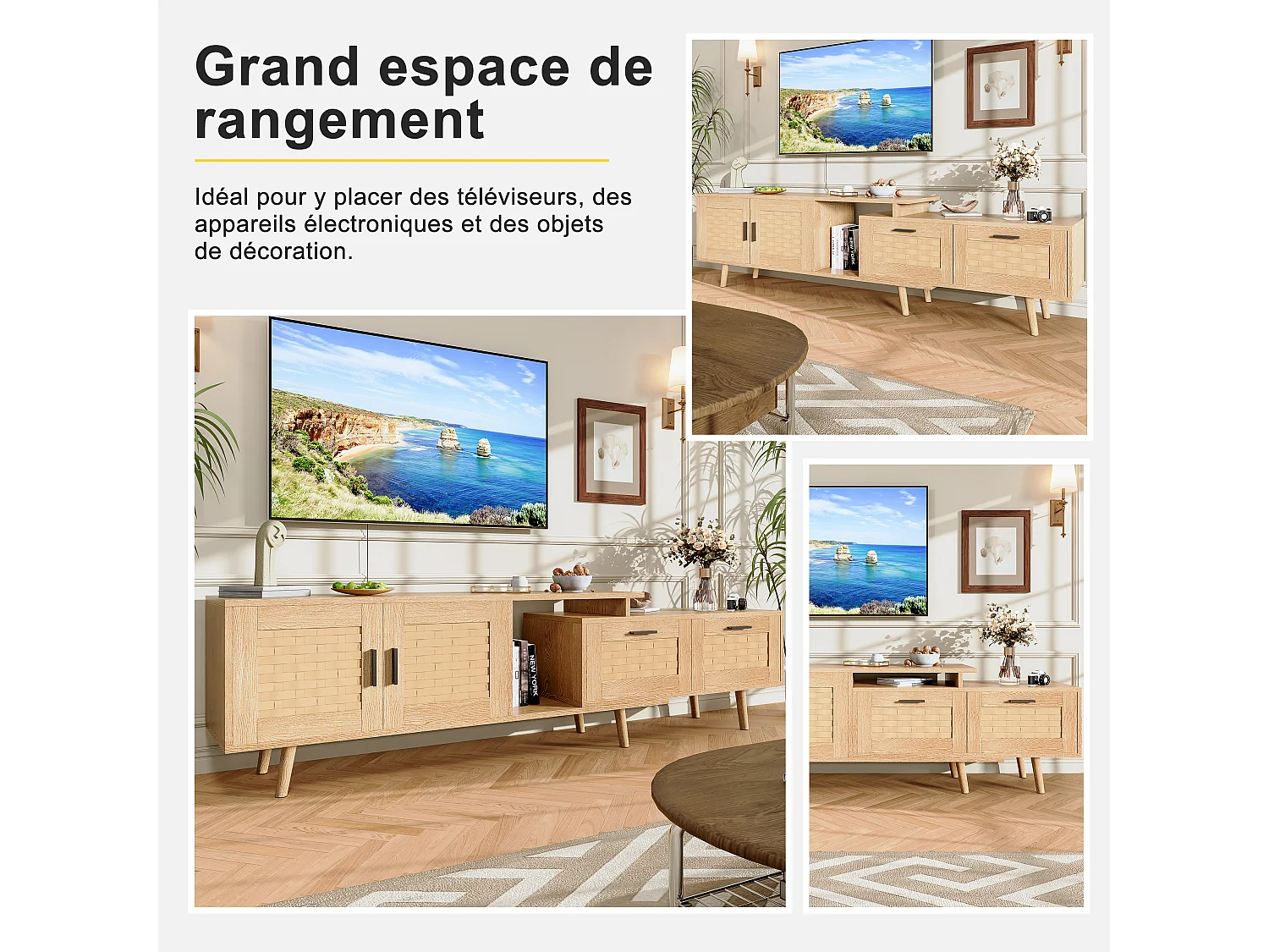 Meuble TV extensible en chêne clair avec portes en rotin tressé, grand espace de rangement et design naturel moderne