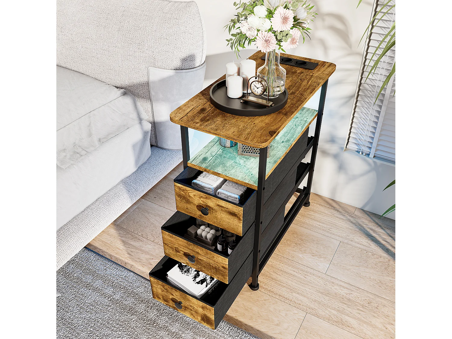 Table d’appoint LED couleur peau de tigre avec 3 tiroirs et prise EU – Design moderne, fonctionnelle et haut de gamme