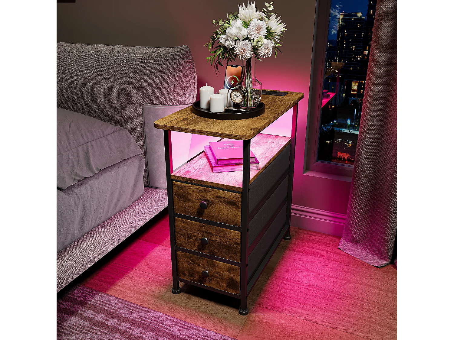 Table d’appoint LED couleur peau de tigre avec 3 tiroirs et prise EU – Design moderne, fonctionnelle et haut de gamme
