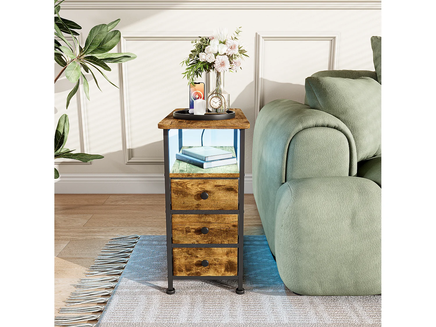 Table d’appoint LED couleur peau de tigre avec 3 tiroirs et prise EU – Design moderne, fonctionnelle et haut de gamme