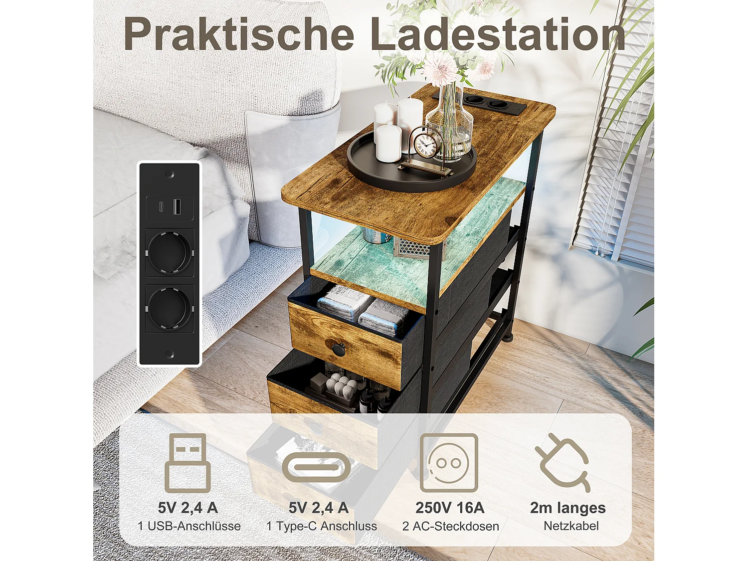 Table d’appoint LED couleur peau de tigre avec 3 tiroirs et prise EU – Design moderne, fonctionnelle et haut de gamme