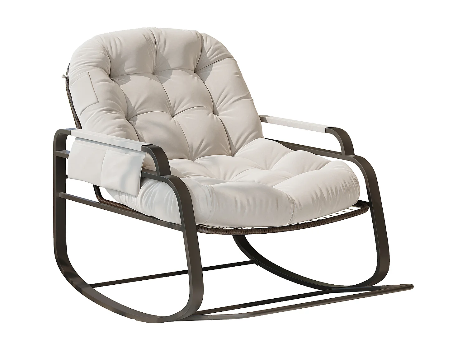 Fauteuil à bascule d’extérieur en rotin avec repose-pieds pliable, coussin beige et rangement sur accoudoirs – design moderne