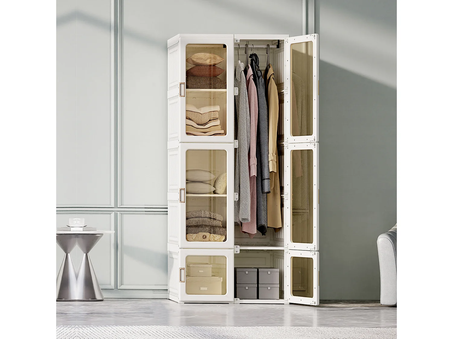 Armario portátil plegable blanco con puertas transparentes, organizador de almacenaje, perchero, 6 puertas y 1 barra para colgar ropa, blanco
