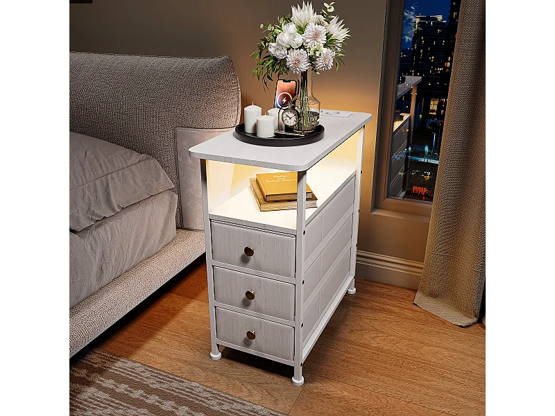 Table d’appoint LED blanche avec 3 tiroirs et prise EU – Design moderne, rangement pratique et fonctionnalités high-tech