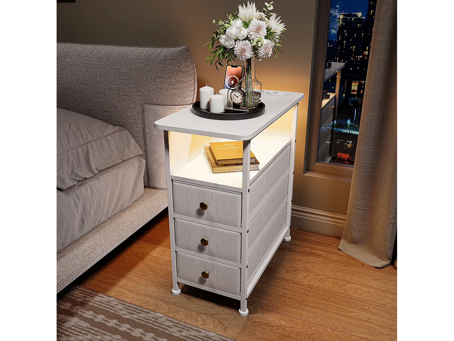 Table d’appoint LED blanche avec 3 tiroirs et prise EU – Design moderne, rangement pratique et fonctionnalités high-tech