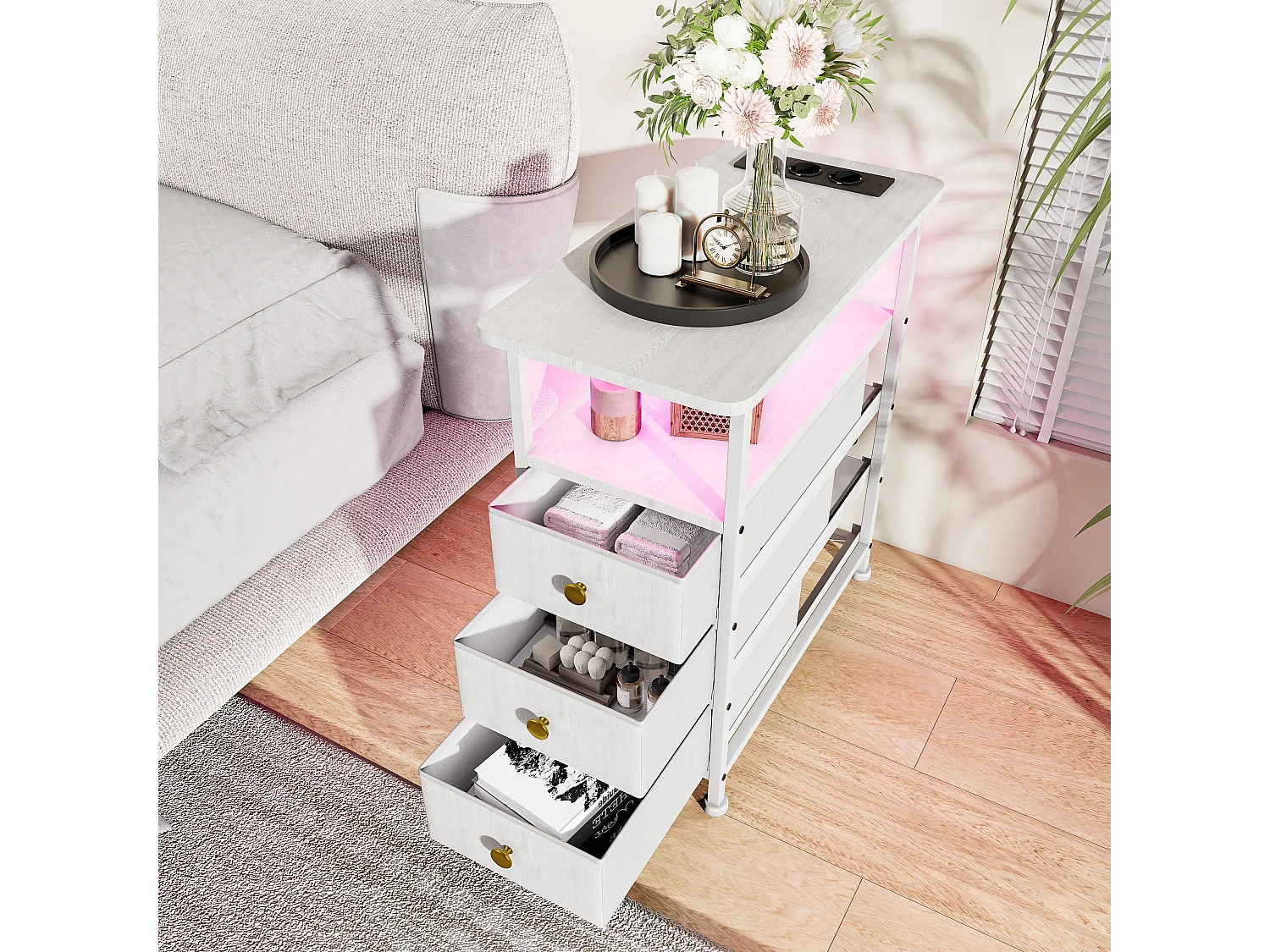 Table d’appoint LED blanche avec 3 tiroirs et prise EU – Design moderne, rangement pratique et fonctionnalités high-tech