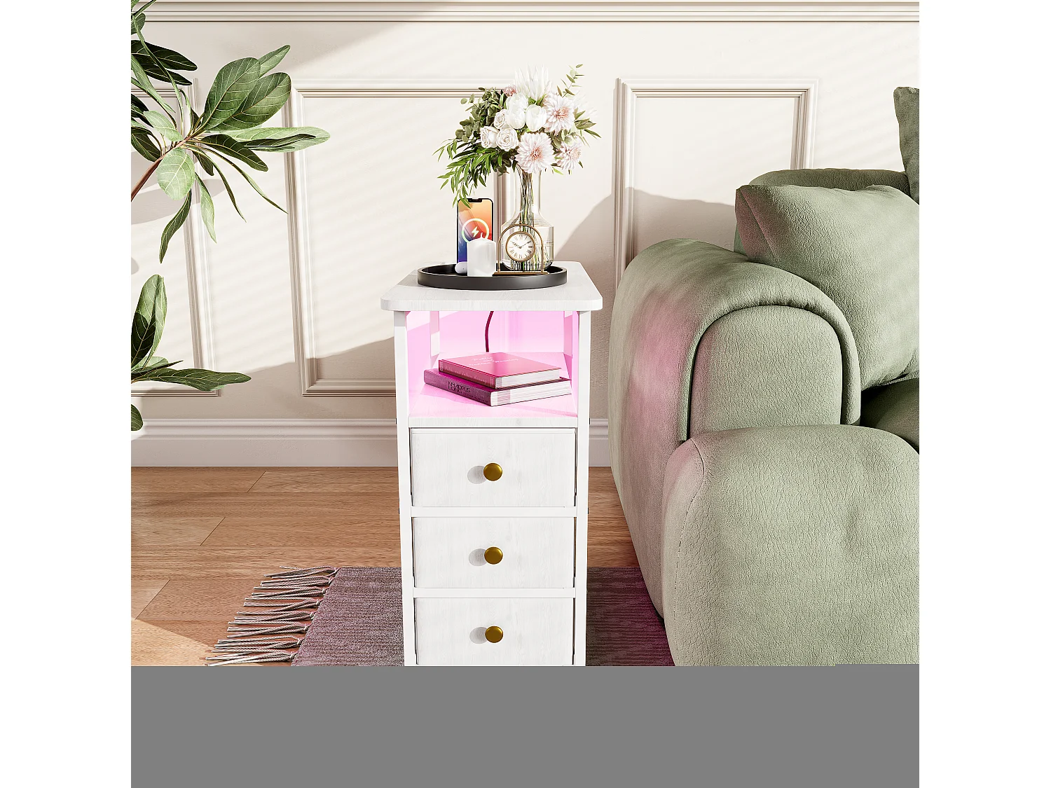 Table d’appoint LED blanche avec 3 tiroirs et prise EU – Design moderne, rangement pratique et fonctionnalités high-tech