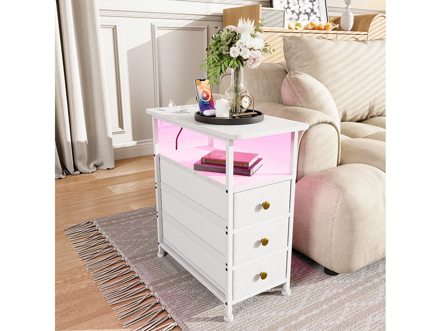 Table d’appoint LED blanche avec 3 tiroirs et prise EU – Design moderne, rangement pratique et fonctionnalités high-tech