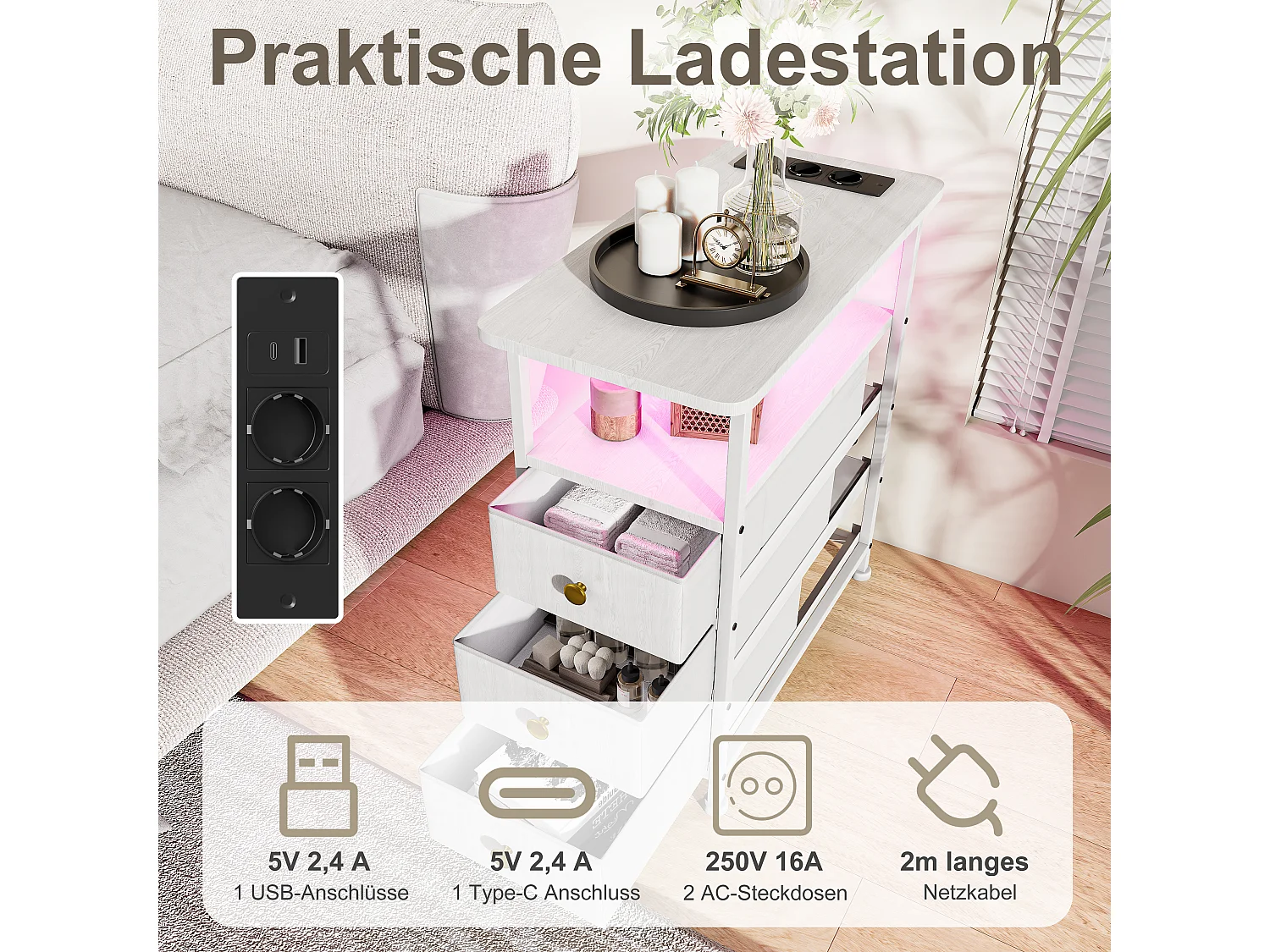 Table d’appoint LED blanche avec 3 tiroirs et prise EU – Design moderne, rangement pratique et fonctionnalités high-tech