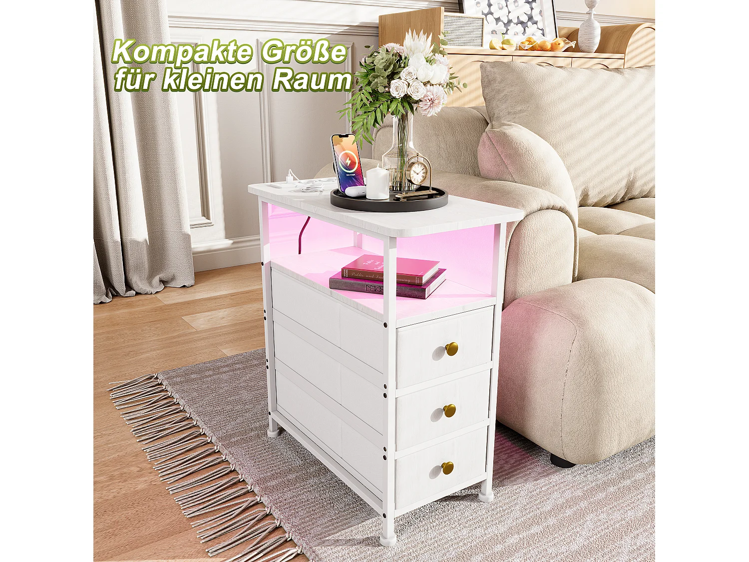 Table d’appoint LED blanche avec 3 tiroirs et prise EU – Design moderne, rangement pratique et fonctionnalités high-tech