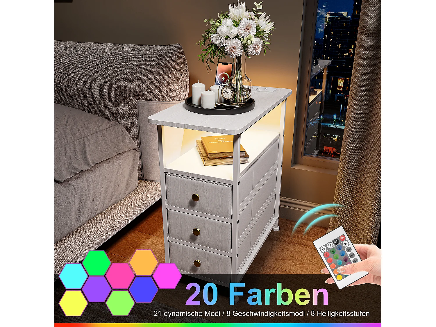 Table d’appoint LED blanche avec 3 tiroirs et prise EU – Design moderne, rangement pratique et fonctionnalités high-tech