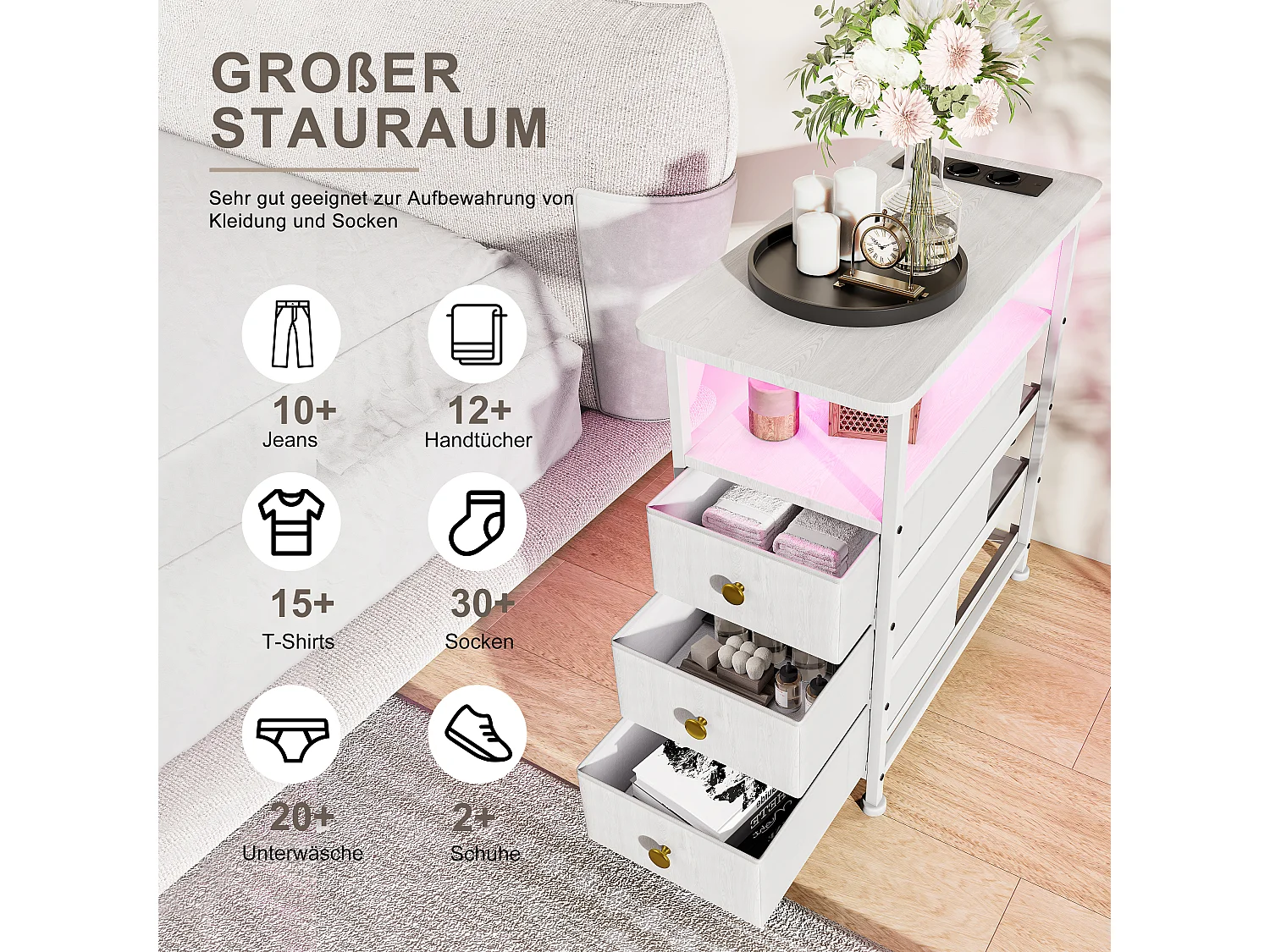 Table d’appoint LED blanche avec 3 tiroirs et prise EU – Design moderne, rangement pratique et fonctionnalités high-tech