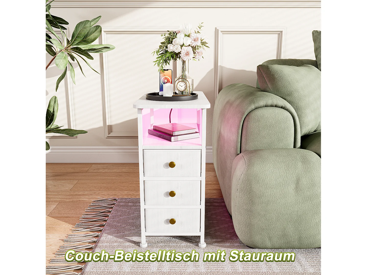 Witte LED-bijzettafel met 3 lades en EU-stekker – Modern design, praktische opbergruimte en hightechfuncties