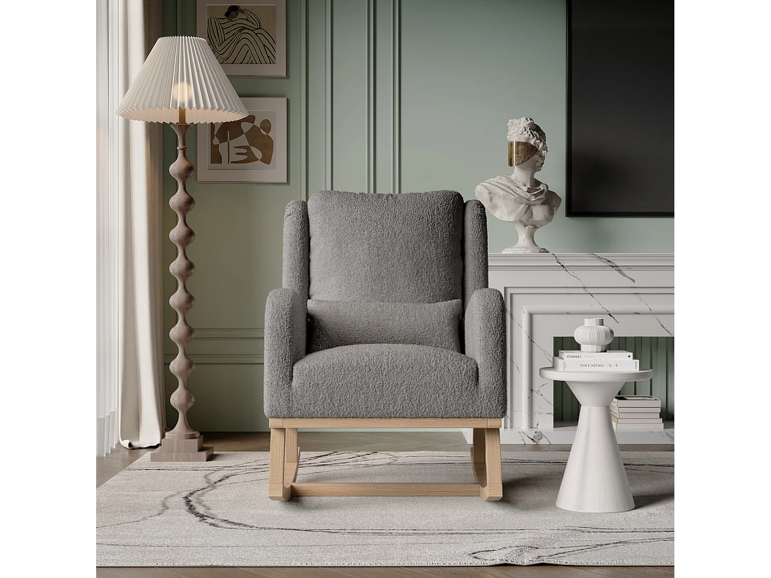 Grijze schommelstoel met zijvakken, kussen en stabiliteitsbalk – modern, gezellig design