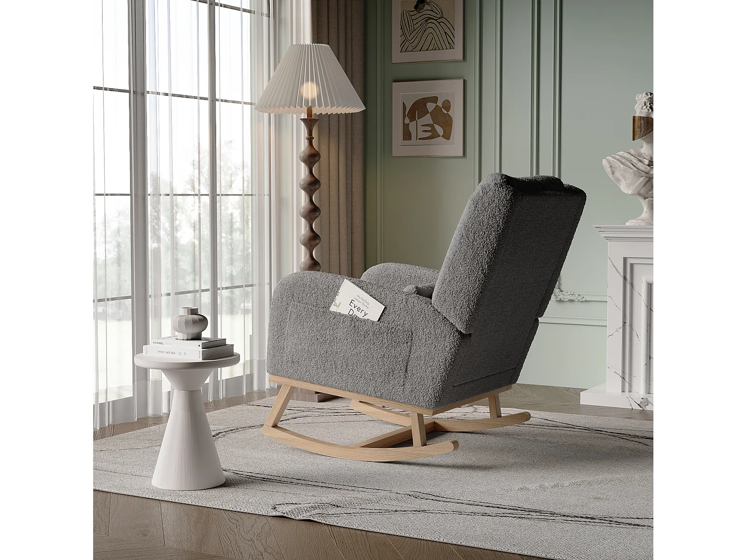 Grijze schommelstoel met zijvakken, kussen en stabiliteitsbalk – modern, gezellig design