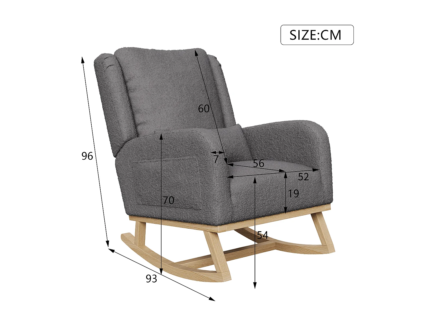 Grijze schommelstoel met zijvakken, kussen en stabiliteitsbalk – modern, gezellig design