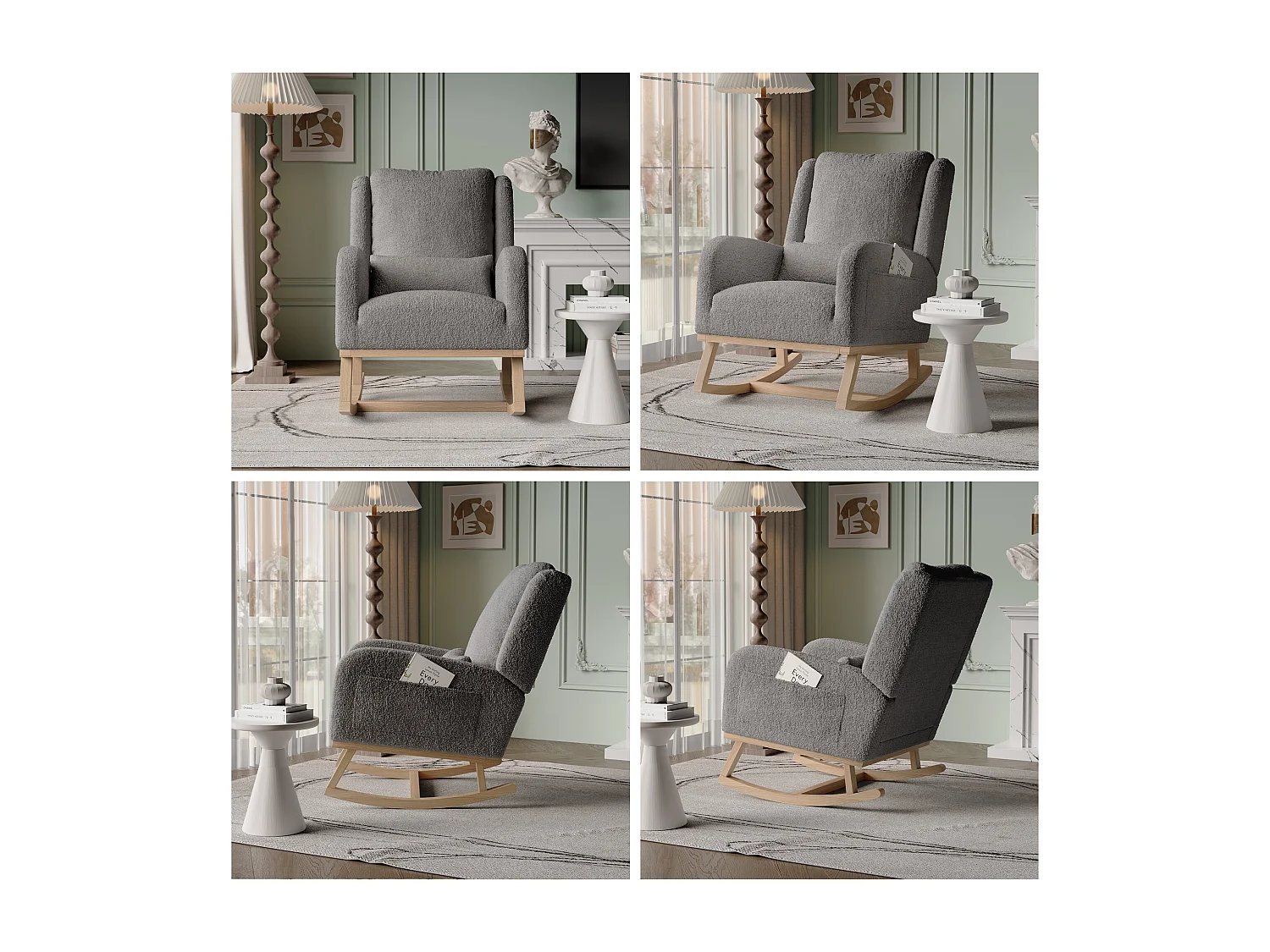 Grijze schommelstoel met zijvakken, kussen en stabiliteitsbalk – modern, gezellig design