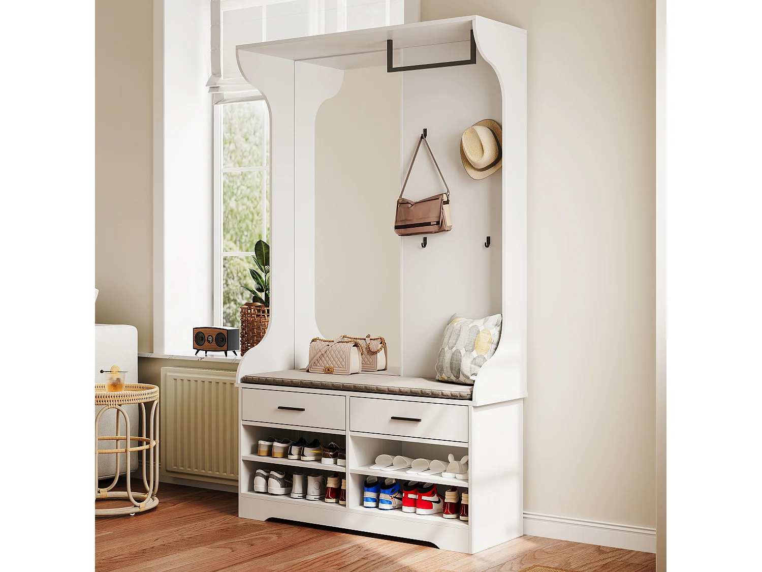 Perchero multifuncional blanco con espejo, ganchos y barra para colgar ropa: práctico mueble de entrada con zapatero integrado.