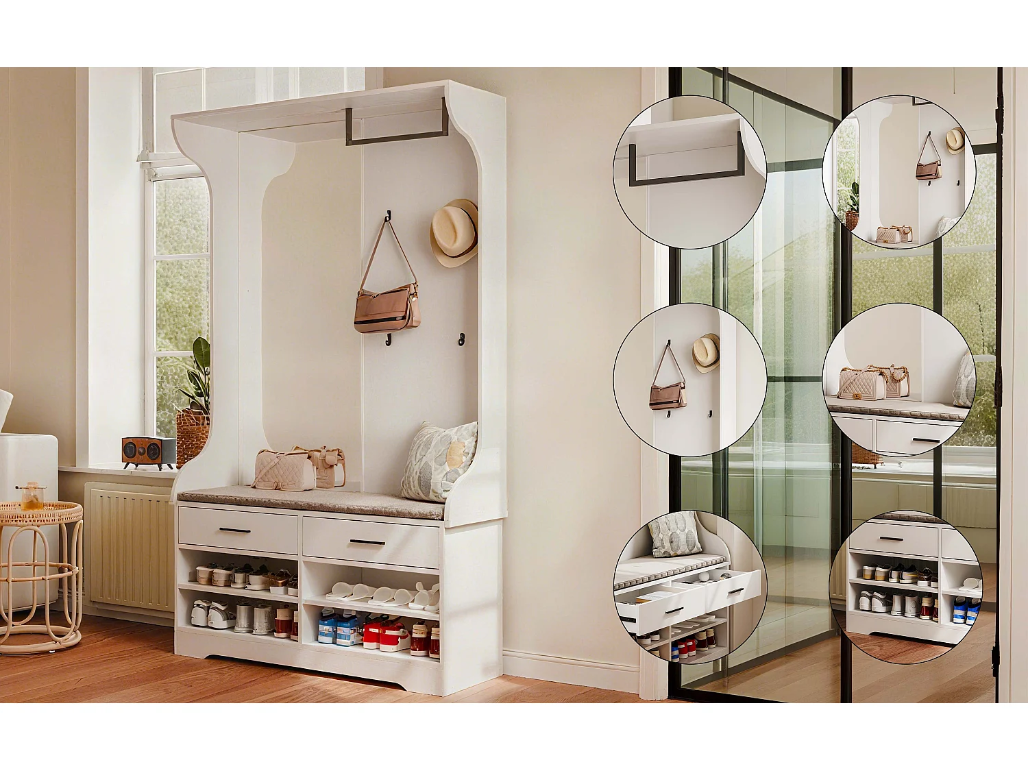 Perchero multifuncional blanco con espejo, ganchos y barra para colgar ropa: práctico mueble de entrada con zapatero integrado.