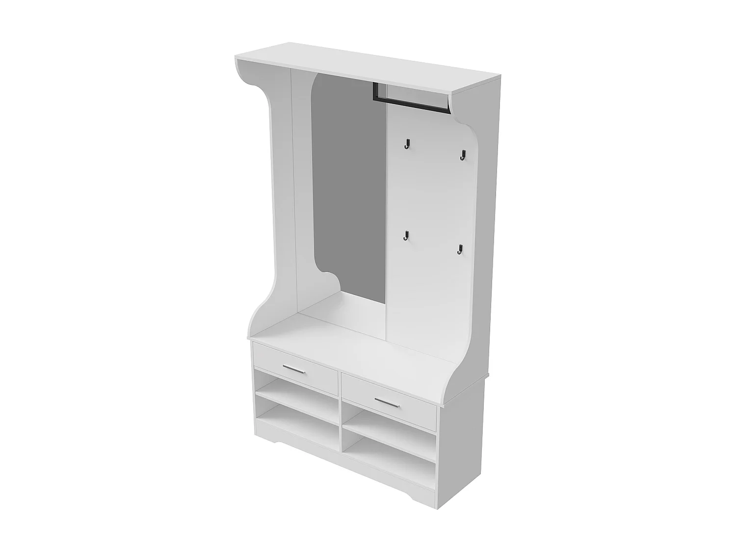 Perchero multifuncional blanco con espejo, ganchos y barra para colgar ropa: práctico mueble de entrada con zapatero integrado.