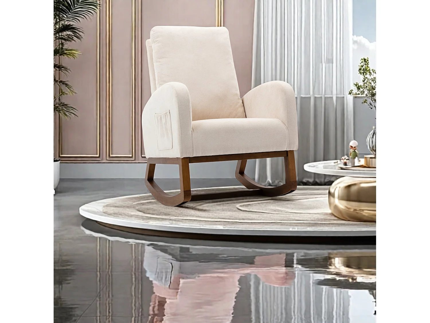 Beige badstof schommelstoel met kussen, hoge rugleuning en armleuningen – modern en comfortabel design