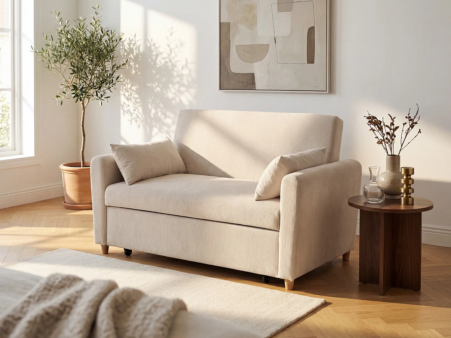 Canapé 2 places convertible en tissu beige AYLA