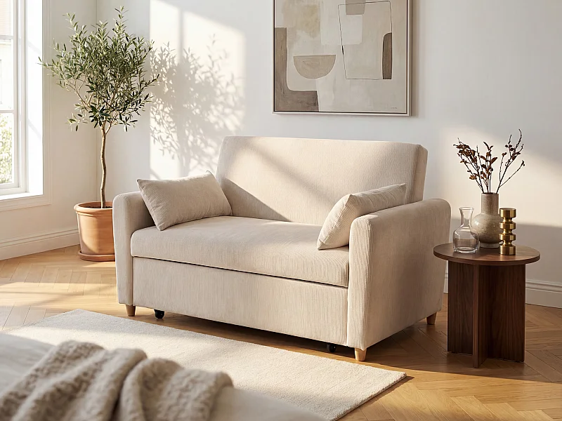 Canapé 2 places convertible en tissu beige AYLA