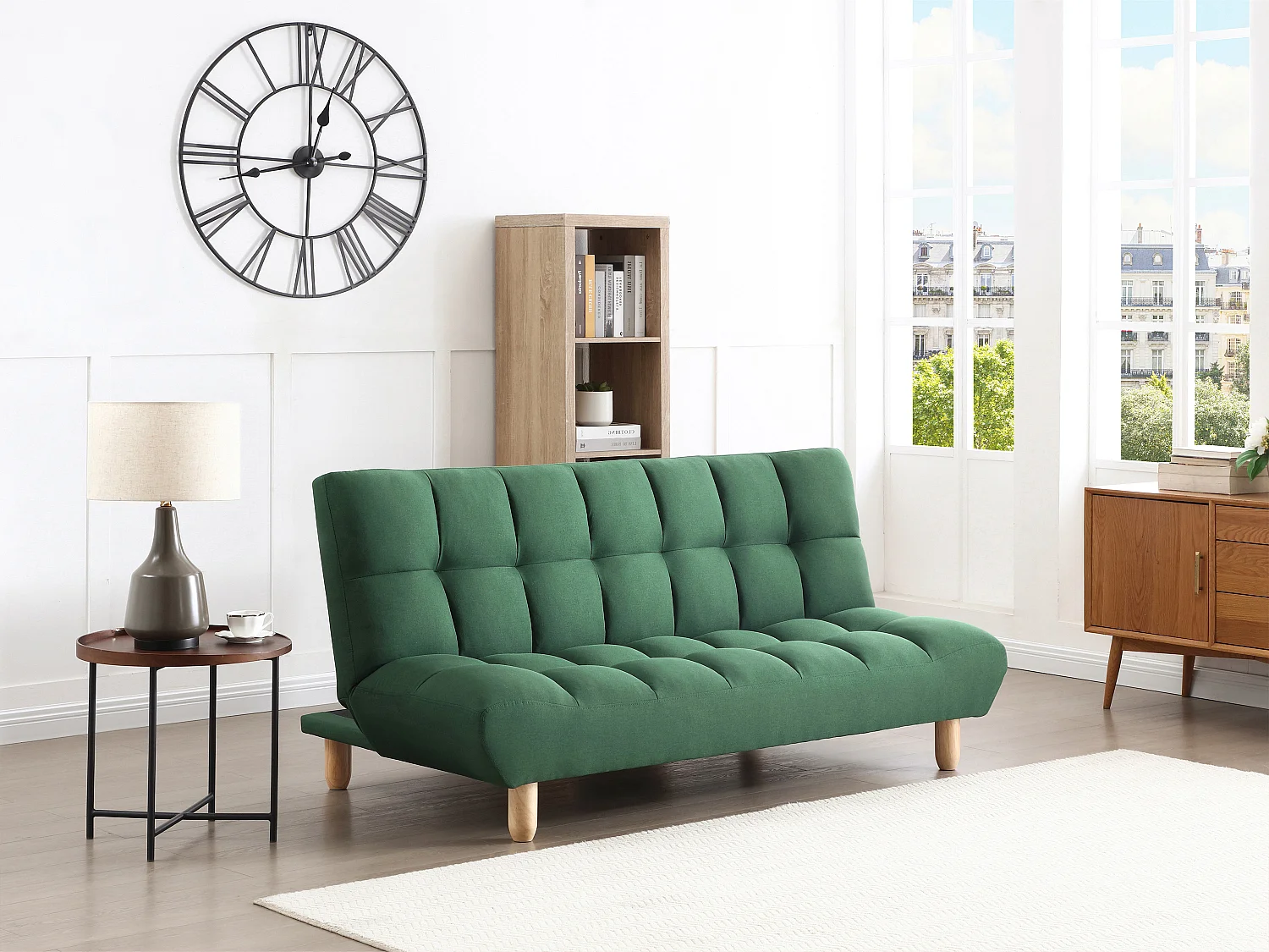 Canapé 3 places convertible clic clac en tissu vert ESTEBAN