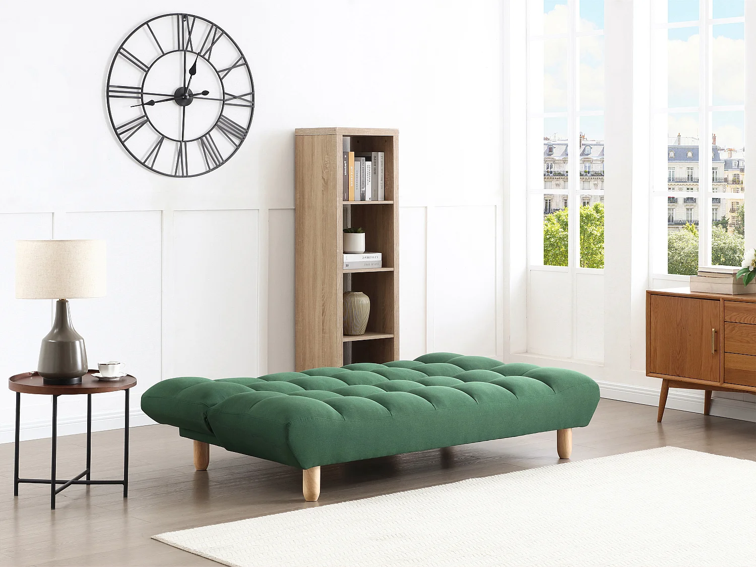 Canapé 3 places convertible clic clac en tissu vert ESTEBAN