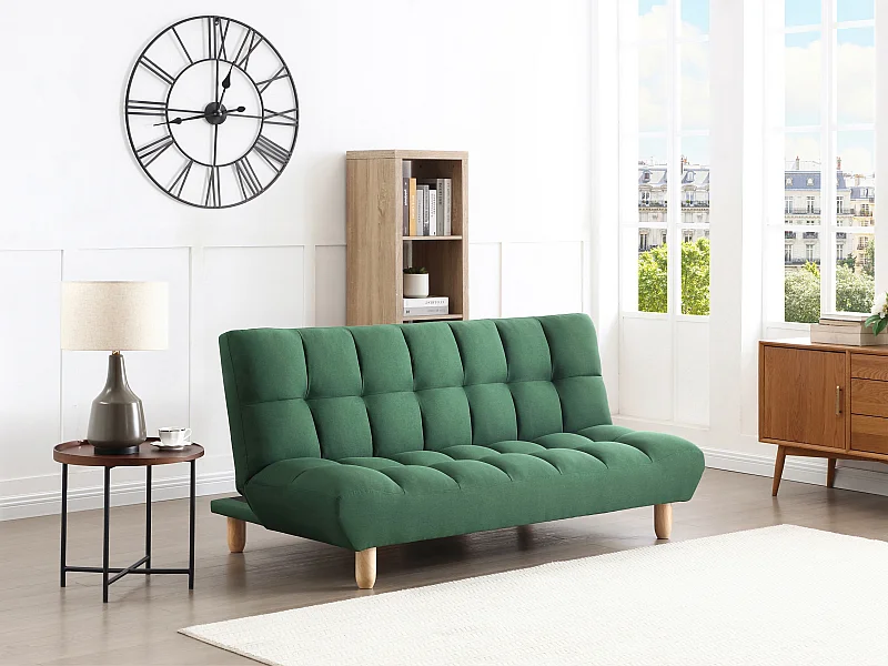 Canapé 3 places convertible clic clac en tissu vert ESTEBAN