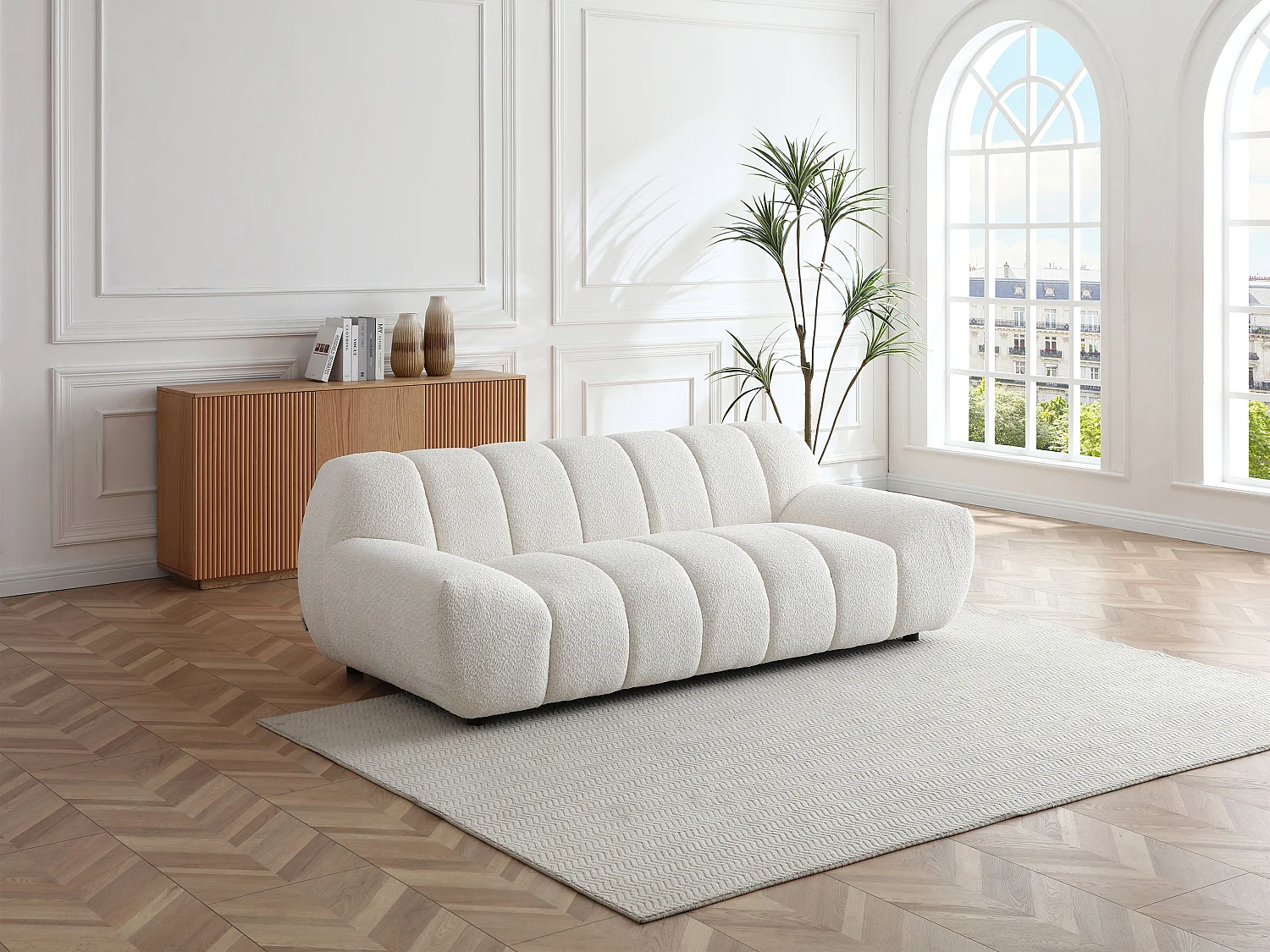 Canapé 2 places en tissu bouclette blanc SORIELI