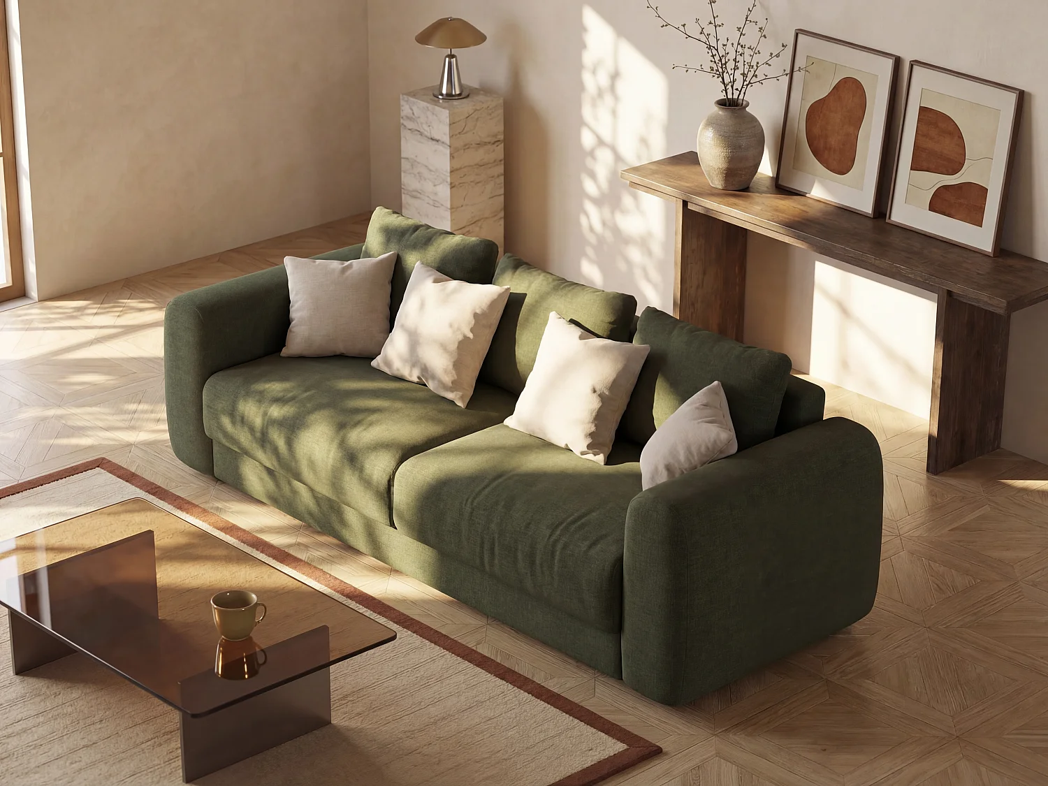 Canapé 4 places convertible en tissu vert ZABANO