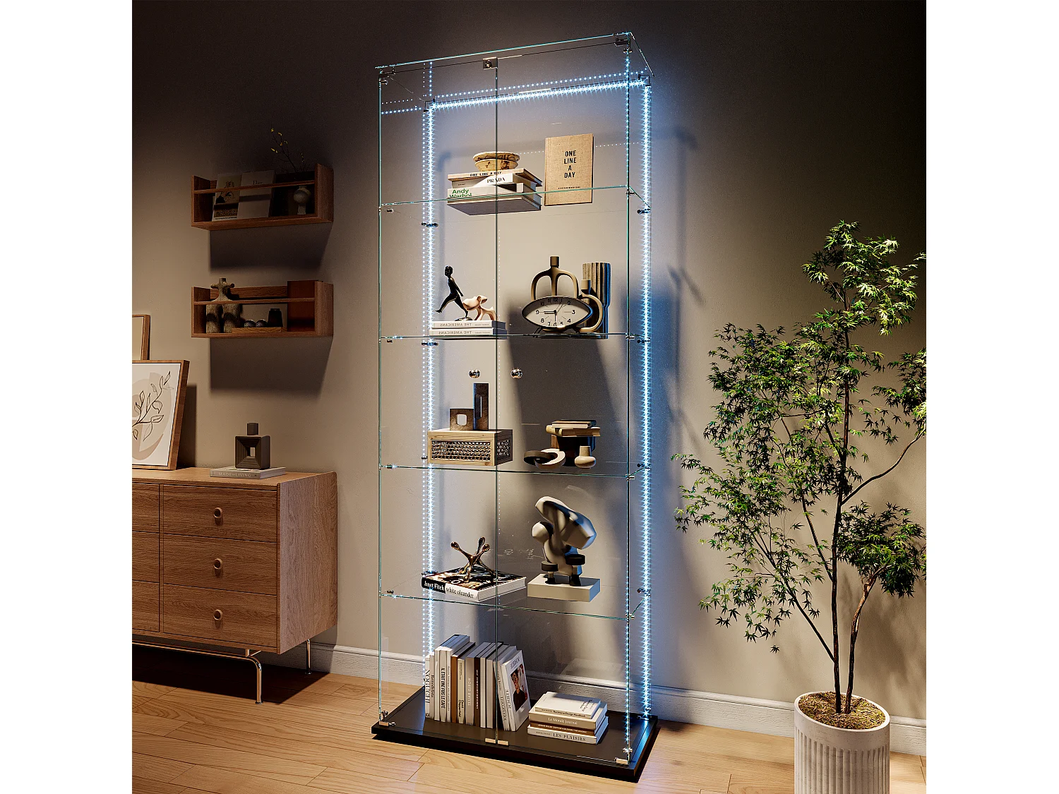 Vetrina espositiva, vetrina, mobiletto portaoggetti con illuminazione a LED, 5 ripiani e 2 ante, 77x35x187 cm, Nero