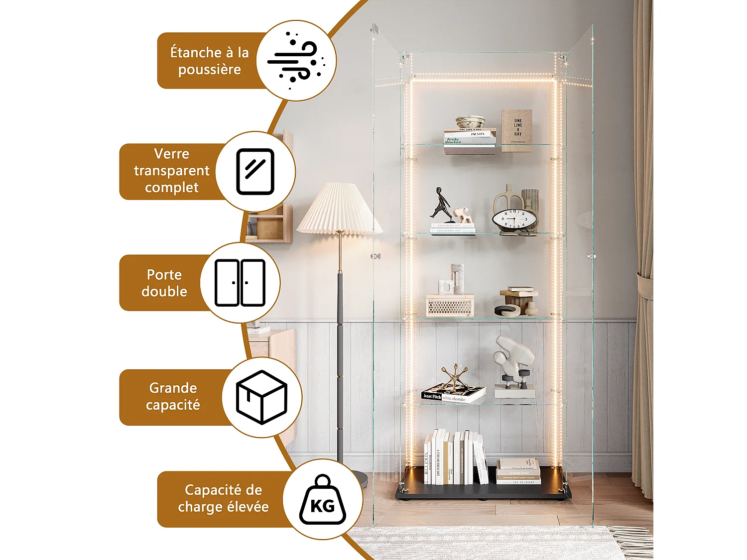 Vetrina espositiva, vetrina, mobiletto portaoggetti con illuminazione a LED, 5 ripiani e 2 ante, 77x35x187 cm, Nero