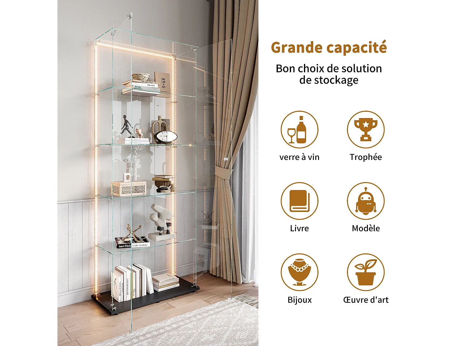 Vetrina espositiva, vetrina, mobiletto portaoggetti con illuminazione a LED, 5 ripiani e 2 ante, 77x35x187 cm, Nero