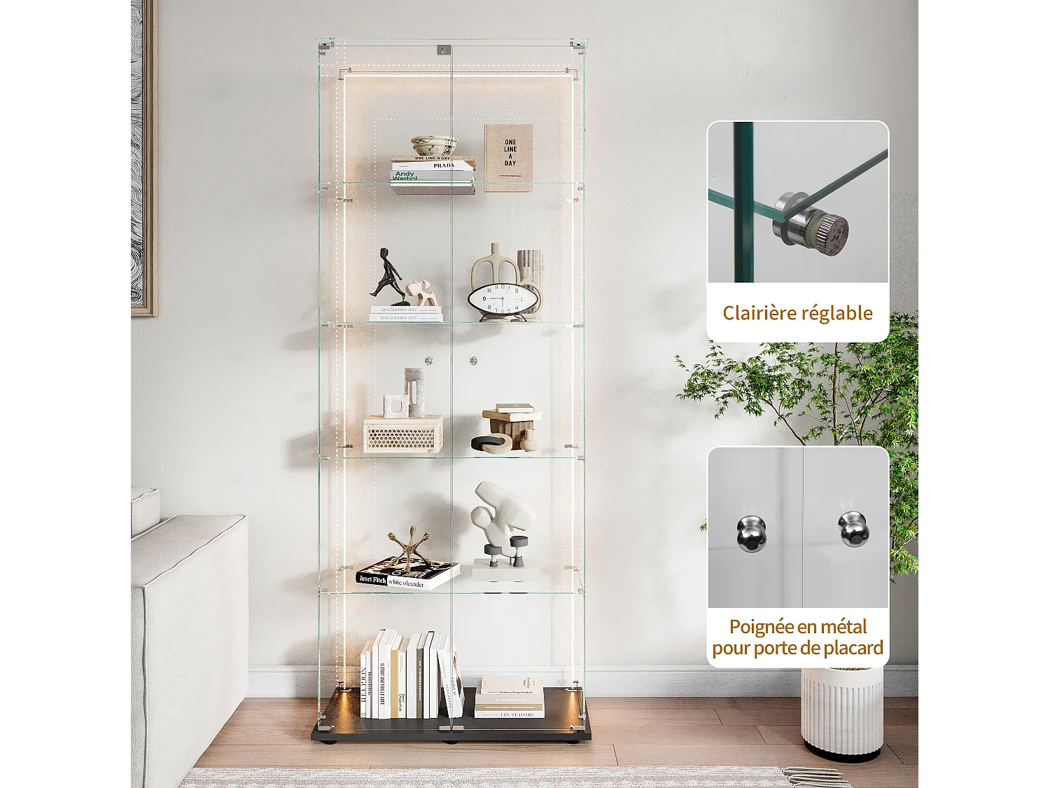 Vetrina espositiva, vetrina, mobiletto portaoggetti con illuminazione a LED, 5 ripiani e 2 ante, 77x35x187 cm, Nero